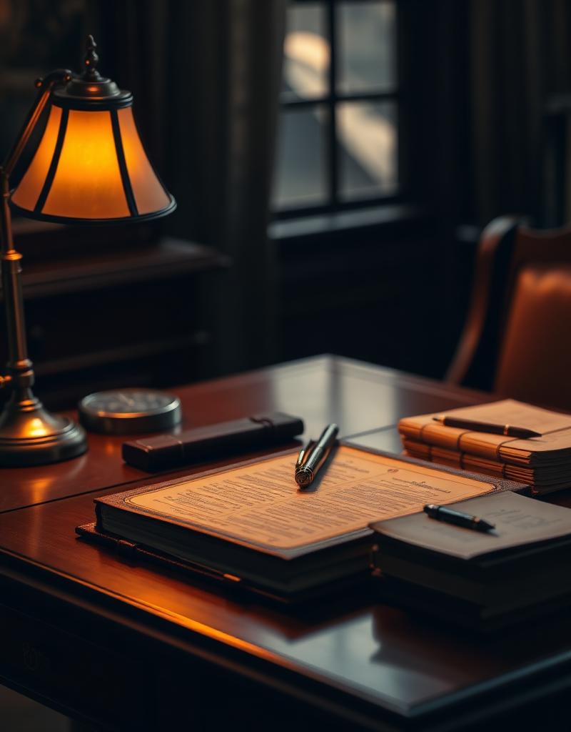 Antique mahogany desk with leather-bound ledger